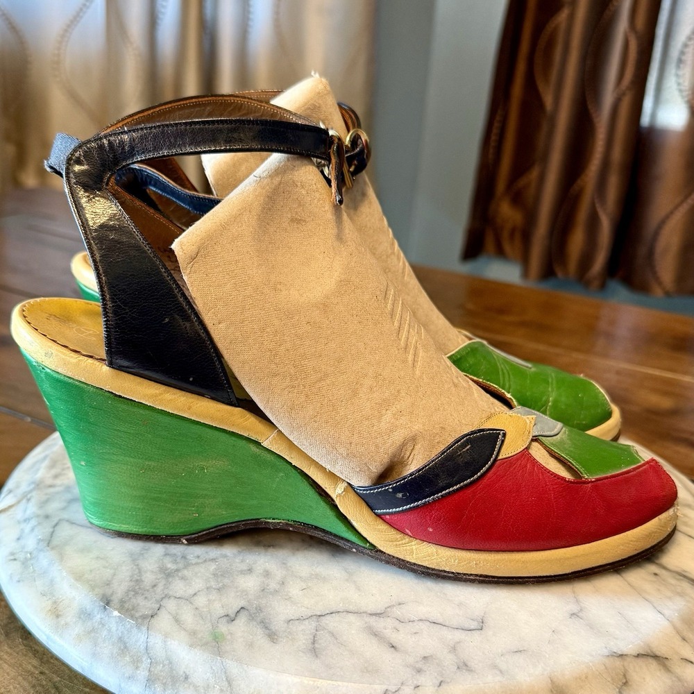 VTG 40s Multicolor Leather Peep Toe Rockabilly Swing Dance Wedge Shoes 3" Heels